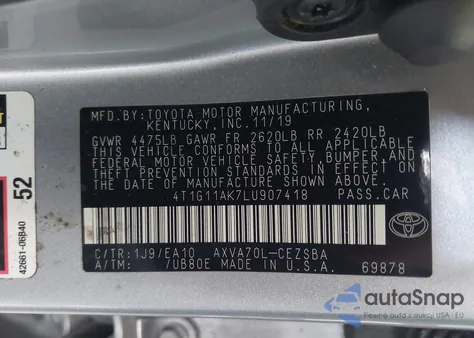 2020 Toyota Camry Se from USA, damaged, VIN 4T1G11AK7LU907418